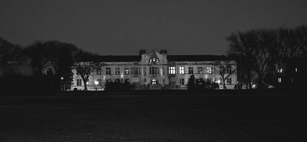 old mansion exterior at night